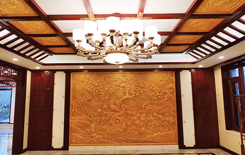 南海中式别墅客厅中式木作横梁吊顶装饰展示